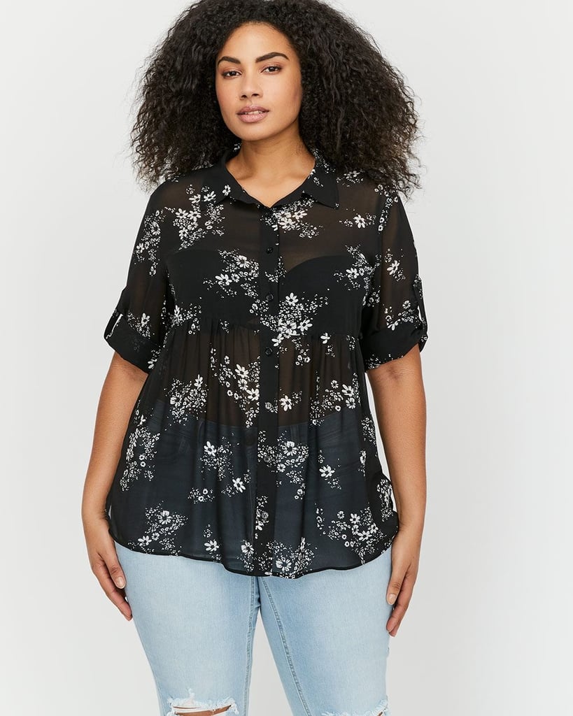 Michel Studio Three-Quarter Roll Up Sleeve Printed Baby Doll Tunic Blouse