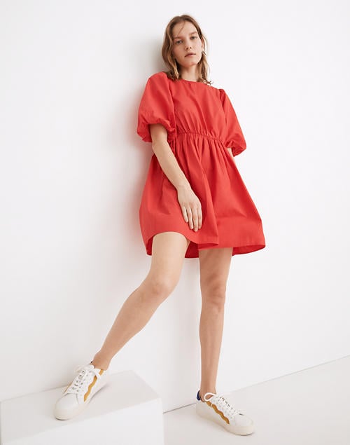 Poplin Crewneck Bubble-Sleeve Mini Dress