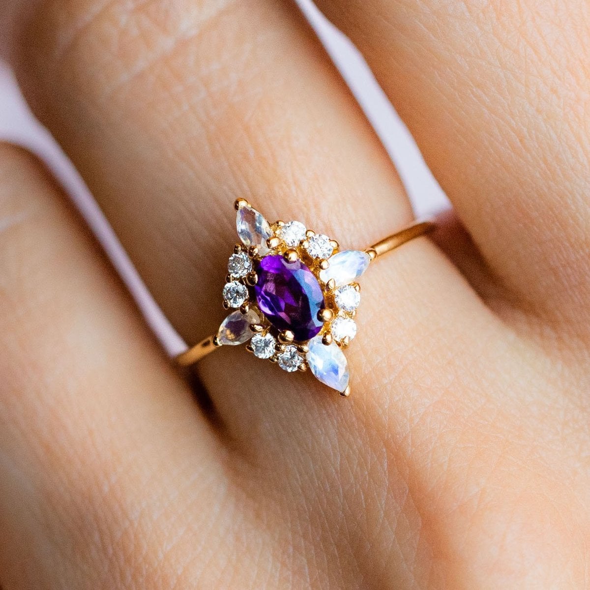 Purple Gemstone Ring Tear Drop Amethyst Leaf Branch Ring Laurel Wedding Ring February Birthstone 14k Rose Gold Solitaire Forest Ring