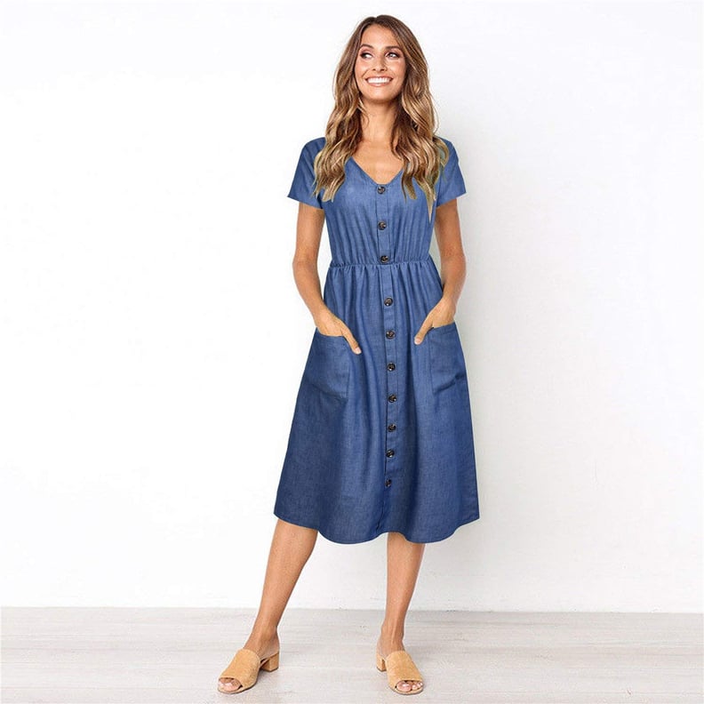 ZOOYAA V-Neck Button-Down Swing Midi Denim Dress