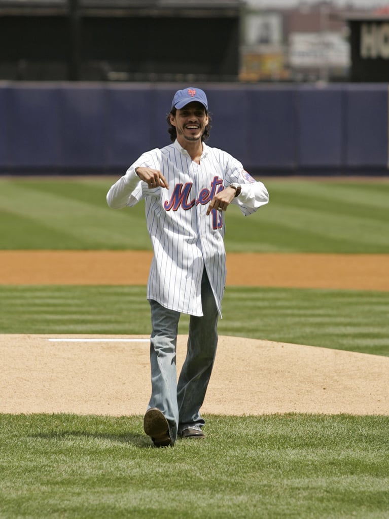 Marc Anthony donned his Mets garb to throw the first pitch at an NYC game in May 2005.