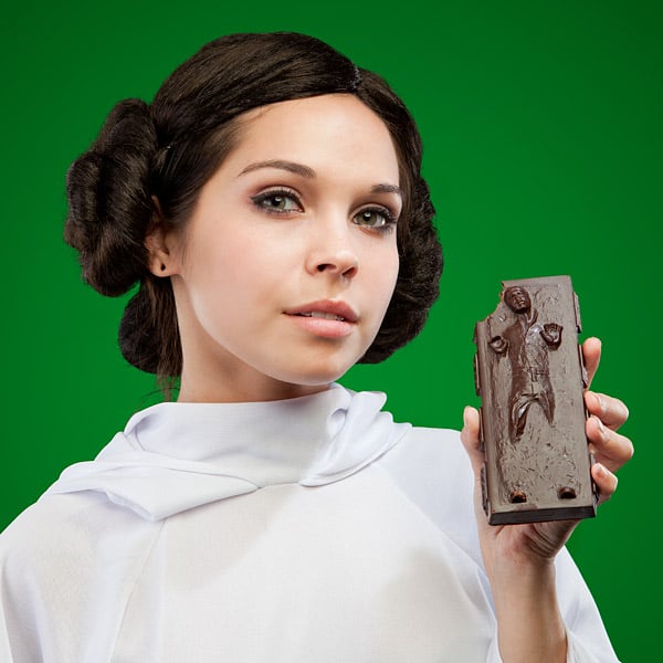OK, this dark chocolate bar ($10) shaped like Han Solo frozen in carbonite might be out of stock for the next couple of weeks, but it's better late than never, right?