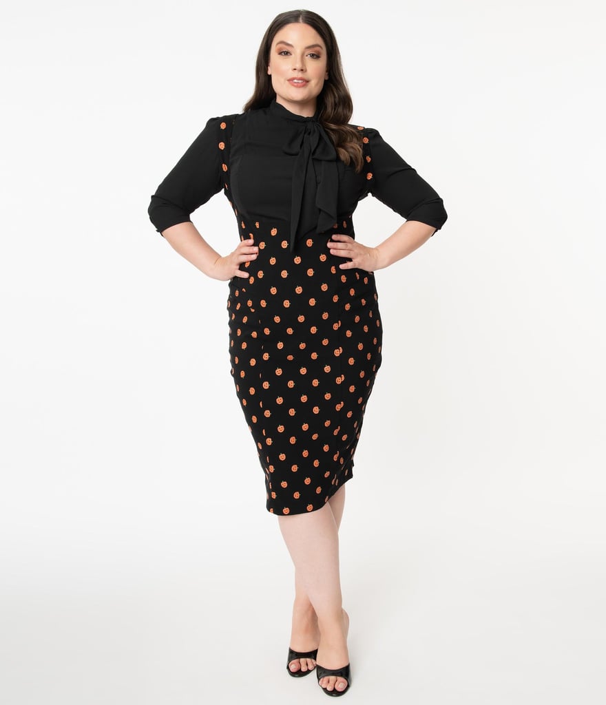 Unique Vintage Plus Size Black and Orange Pumpkin Patch Fontaine Suspender Pencil Skirt