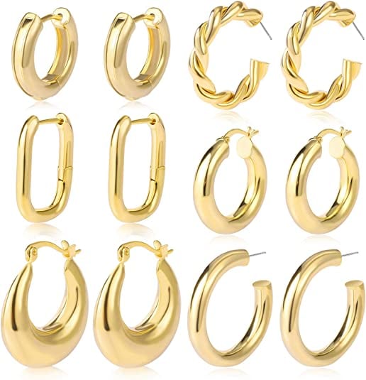 6 Pairs Gold Chunky Hoop Earrings Set