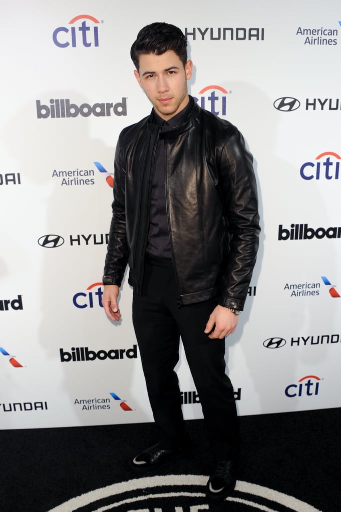 Nick Jonas wore a leather jacket to the 2015 Billboard Power 100 Celebration.