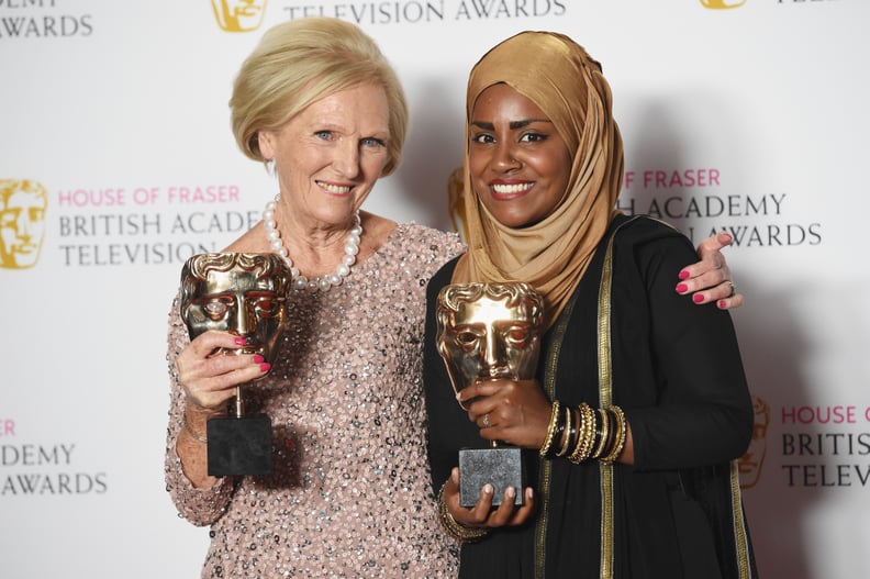 LONDON, ENGLAND - MAY 08:  Mary Berry, accepting the Feature award for 'The Great British Bake Off' and Bake Off winner Nadiya Hussain pose in the Winners room at the House Of Fraser British Academy Television Awards 2016  at the Royal Festival Hall on Ma