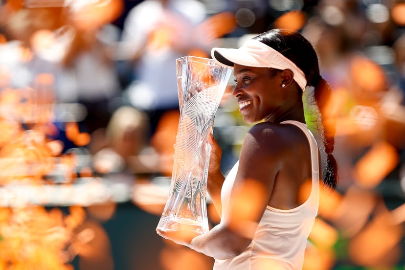 KEY BISCAYNE, FL - MARCH 31:  Sloane Stephens of the United States celebrates after defeating Jelena Ostapenko of Latvia in the women's final on Day 13 of the Miami Open Presented by Itau at Crandon Park Tennis Center on March 31, 2018 in Key Biscayne, Fl