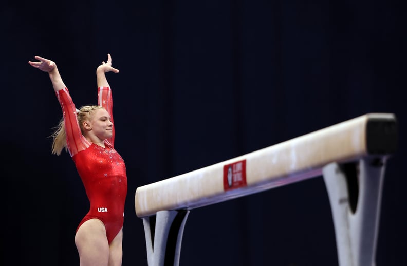 ST LOUIS, MISSOURI - JUNE 25:  Jade Carey smiles after landing her dismount off the balance beam during the Women's competition of the 2021 U.S. Gymnastics Olympic Trials at America's Center on June 25, 2021 in St Louis, Missouri. (Photo by Jamie Squire/G