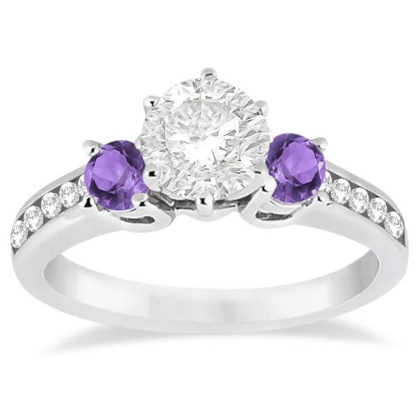 Three-Stone Amethyst and Diamond Engagement Ring 14k White Gold