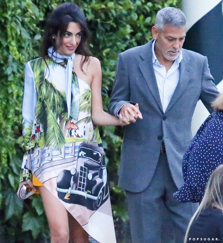 Amal Clooney Blue Car Print Dress in Italy 2018