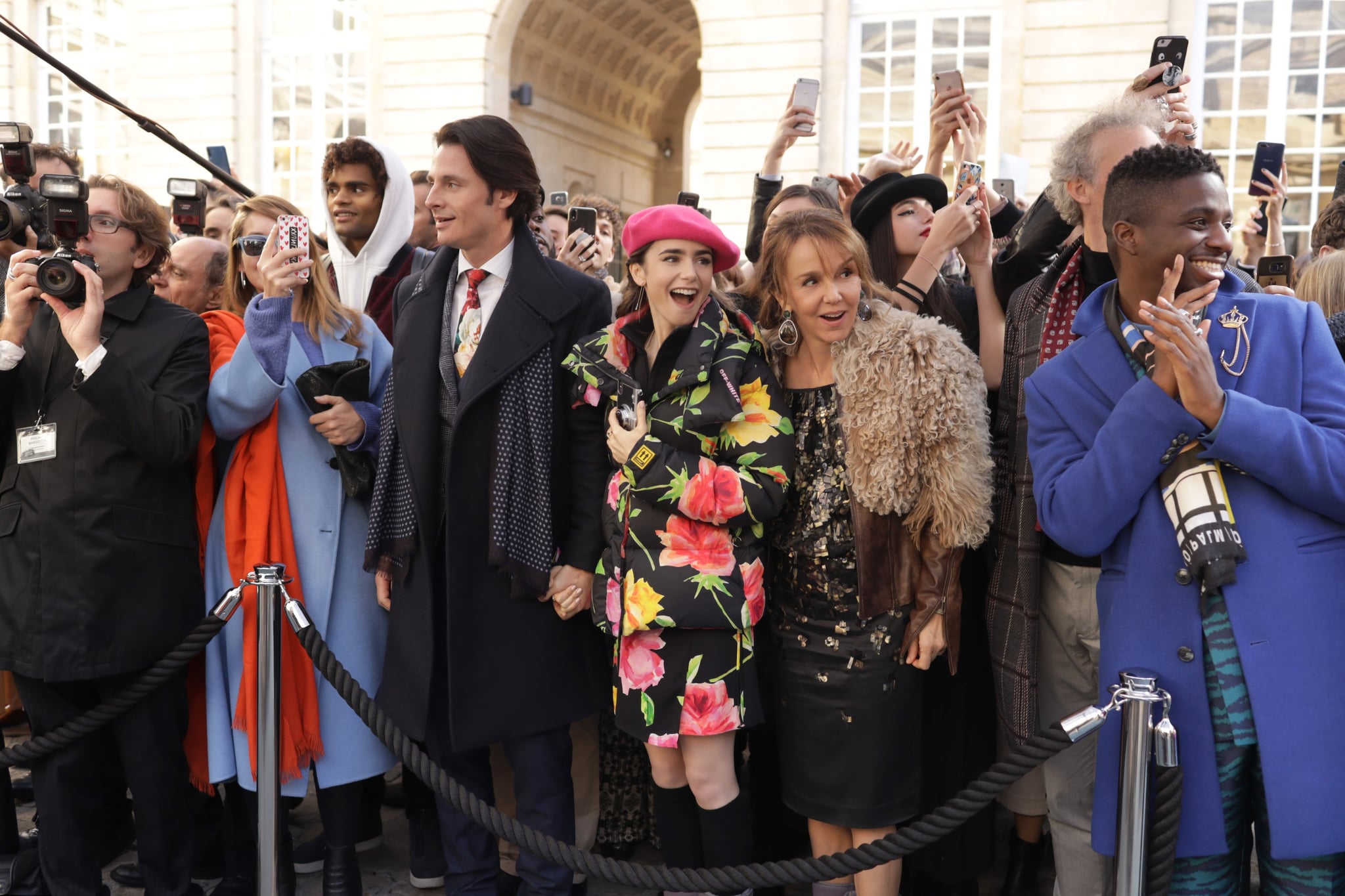 EMILY IN PARIS, from left: William Abadie, Lily Collins, Philippine Leroy-Beaulieu, Samuel Arnold, (Season 1, ep. 110, aired Oct. 2, 2020). photo: Carole Bethuel / Netflix / Courtesy Everett Collection