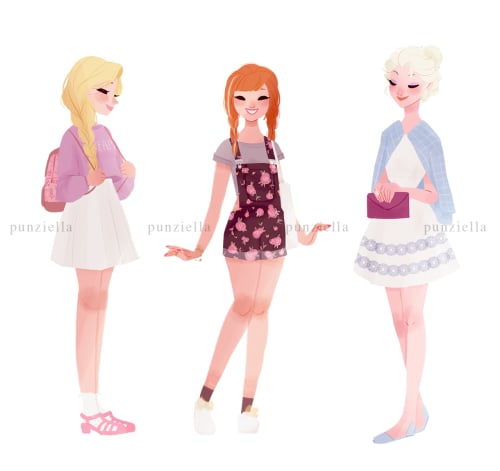 Rapunzel, Anna, and Elsa