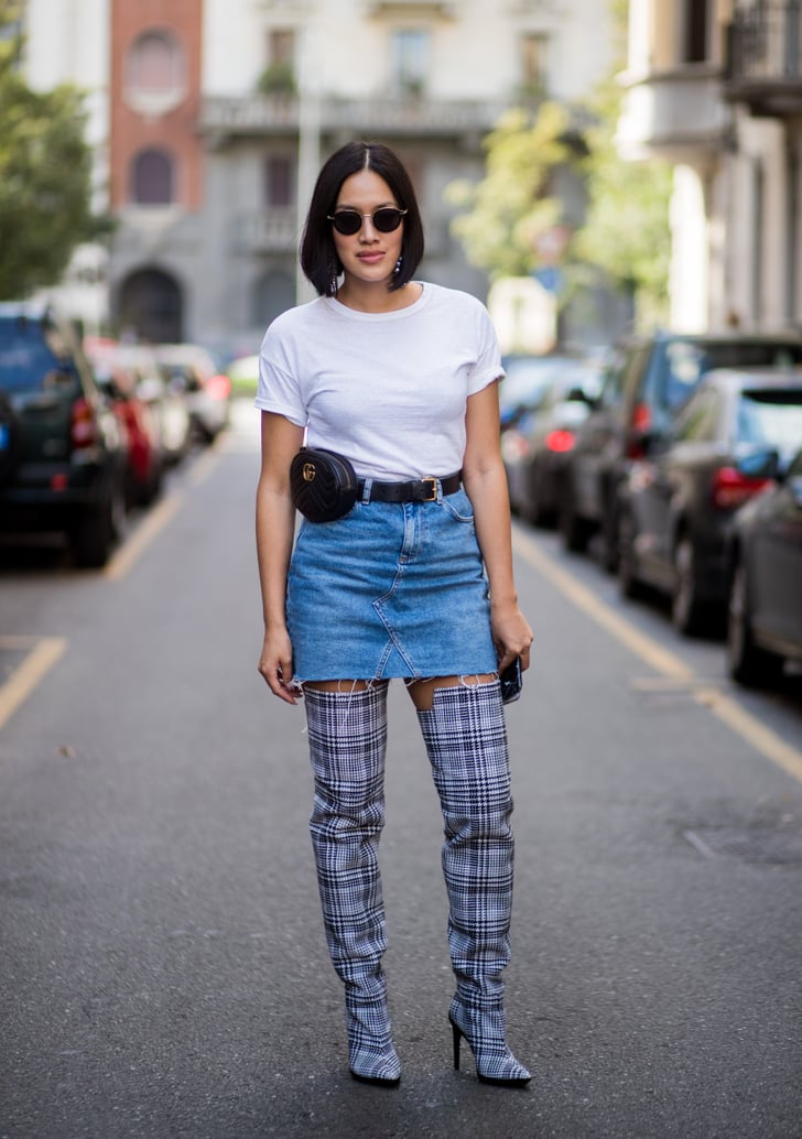 denim skirt with white shirt