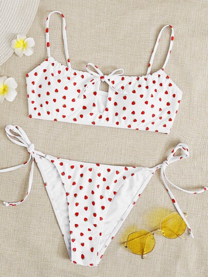 Shein Strawberry Print Tie Side Bikini Swimsuit | Halsey's Strawberry ...