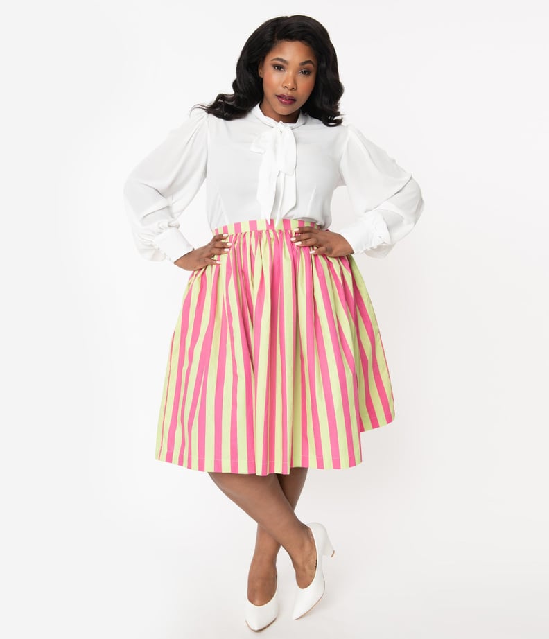 Plus Size 1950s Style Pink and Mint Green Stripe Swing Skirt