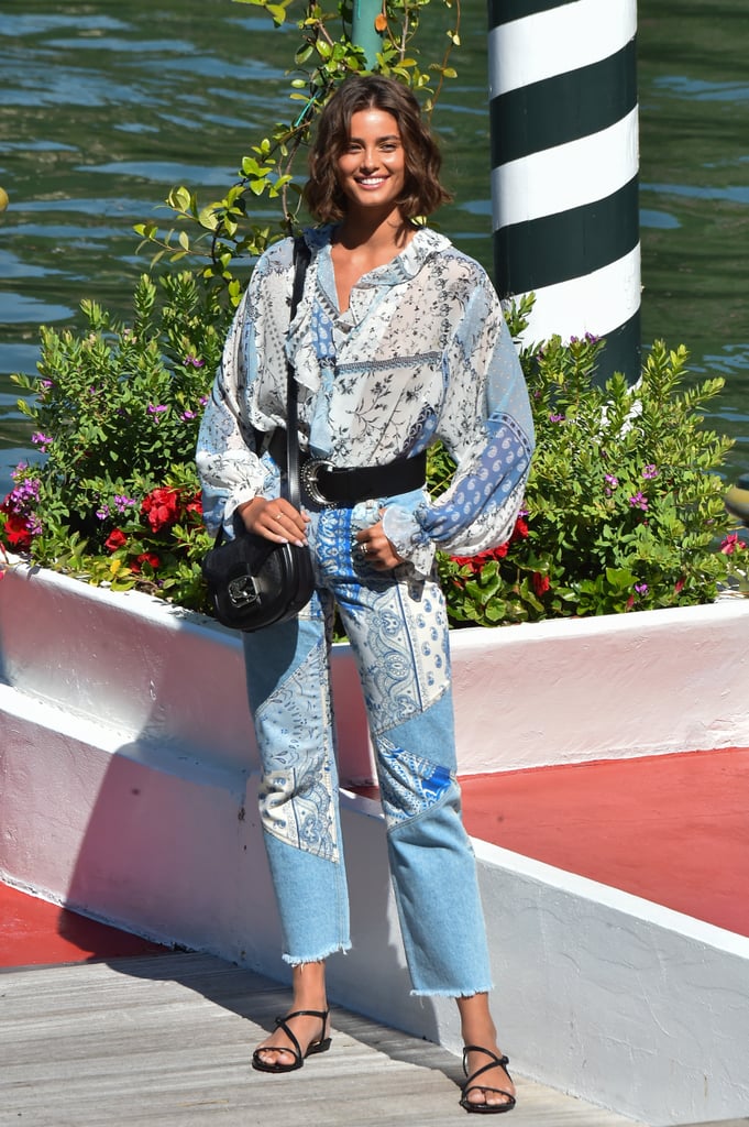 Taylor Hill was spotted in a head-to-toe scarf-print look by Etro.