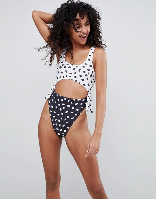 Asos Design High Leg Swimsuit in Mixed Mono Spot Print