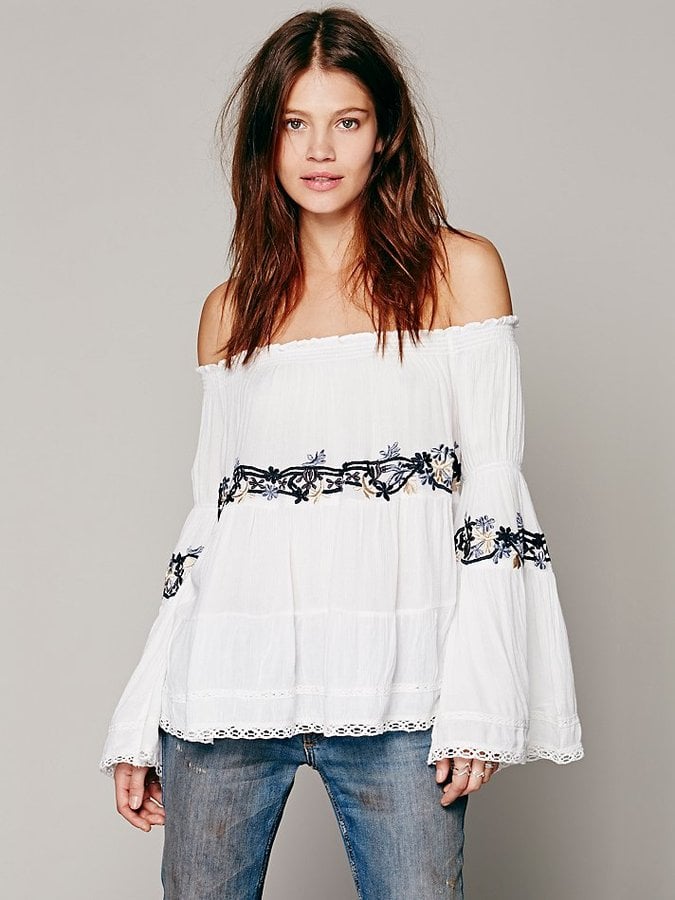 Free People Embroidered White Off-the-Shoulder Top