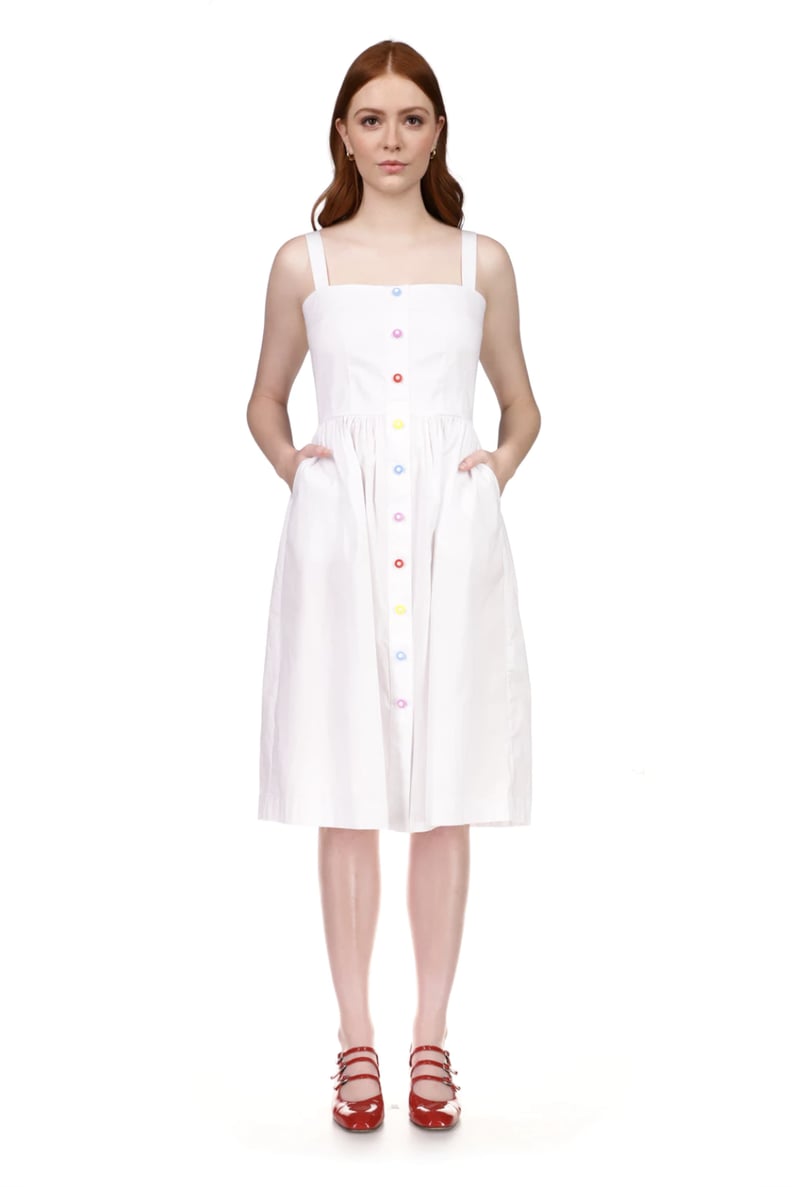 HVN Laura Cotton Dress (White With Rainbow Daisy Buttons)