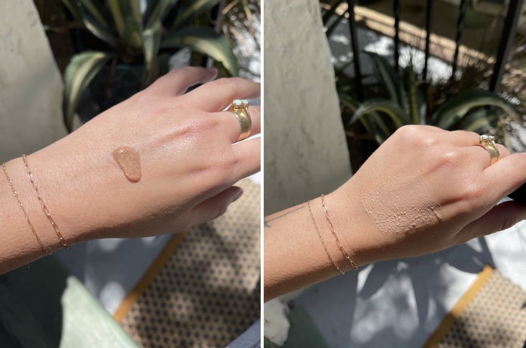 When you pump the foundation onto the back of your hand, you'll see the water mixed with little droplets of colour. Take the handy brush that comes with the product and blend the water and micro-droplets — it mixes into smooth, lightweight pigment that glides onto your skin like butter.