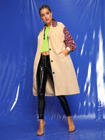 Shein Contrast Leopard Panel Button Front Trench Coat