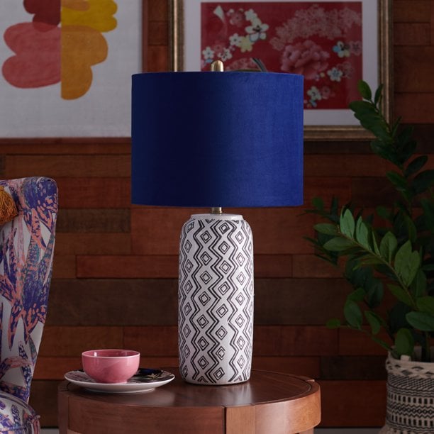Zig Zag Table Lamp with Grecian Blue Velvet Shade by Drew Barrymore Flower Home