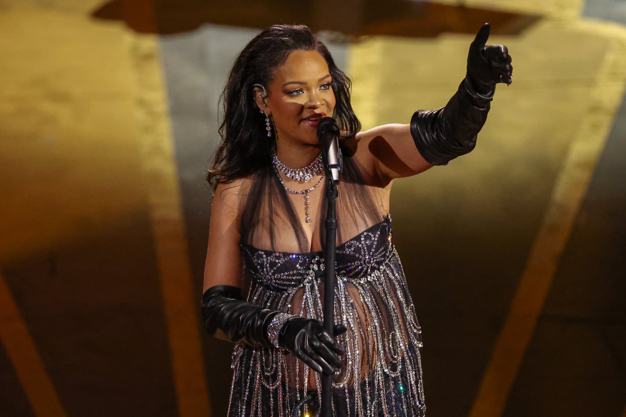 HOLLYWOOD, CA - MARCH 12: Rihanna performs at the 95th Academy Awards in the Dolby Theatre on March 12, 2023 in Hollywood, California. (Myung J. Chun / Los Angeles Times via Getty Images)