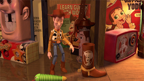 When Woody finds a big boot and can't help but LOL.