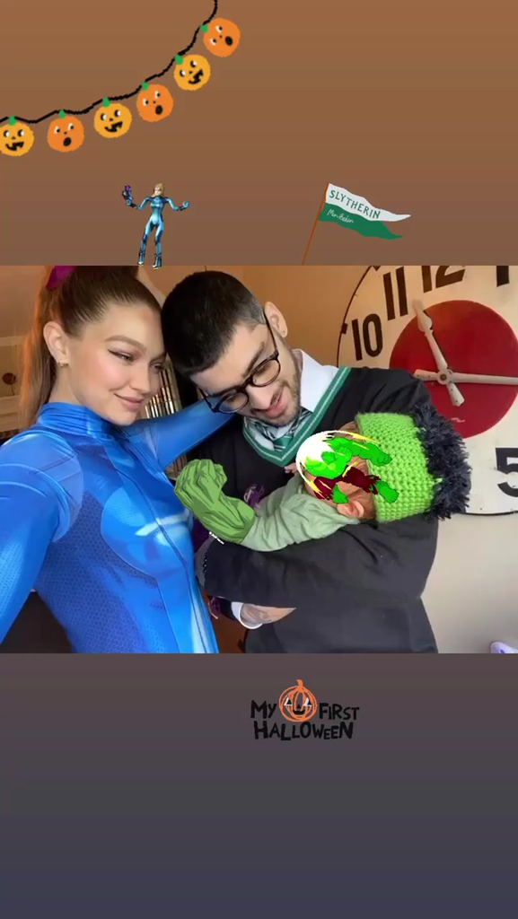 Gigi Hadid and Zayn Malik have a tiny Halloween Hulk on their hands. On Oct. 31, the new parents shared their first family photo with fans via Gigi's Instagram Story. Gigi dressed as Zero Suit Samus while Zayn made a spot-on Slytherin student, with their daughter sporting an adorable green outfit modeled after the Marvel superhero. 
Gigi and Zayn welcomed their first child together in September, and they've been keeping a pretty low radar ever since. It appears they're hiding their daughter's face from photos right now, but we can tell their Halloween snap is supremely sweet, regardless. Get a closer look at the family's Halloween outfits below.

    Related:

            
            
                                    
                            

            Gift-Giving Queen Taylor Swift Just Sent Gigi Hadid&apos;s Daughter the Sweetest Present