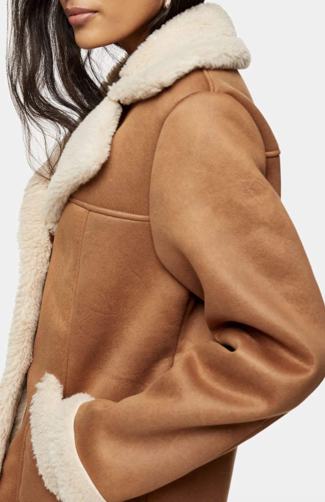Topshop Tall faux leather shearling oversized car coat with borg lining in  brown