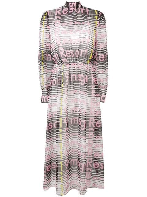 MSGM Striped Logo Print Pussy Bow Dress