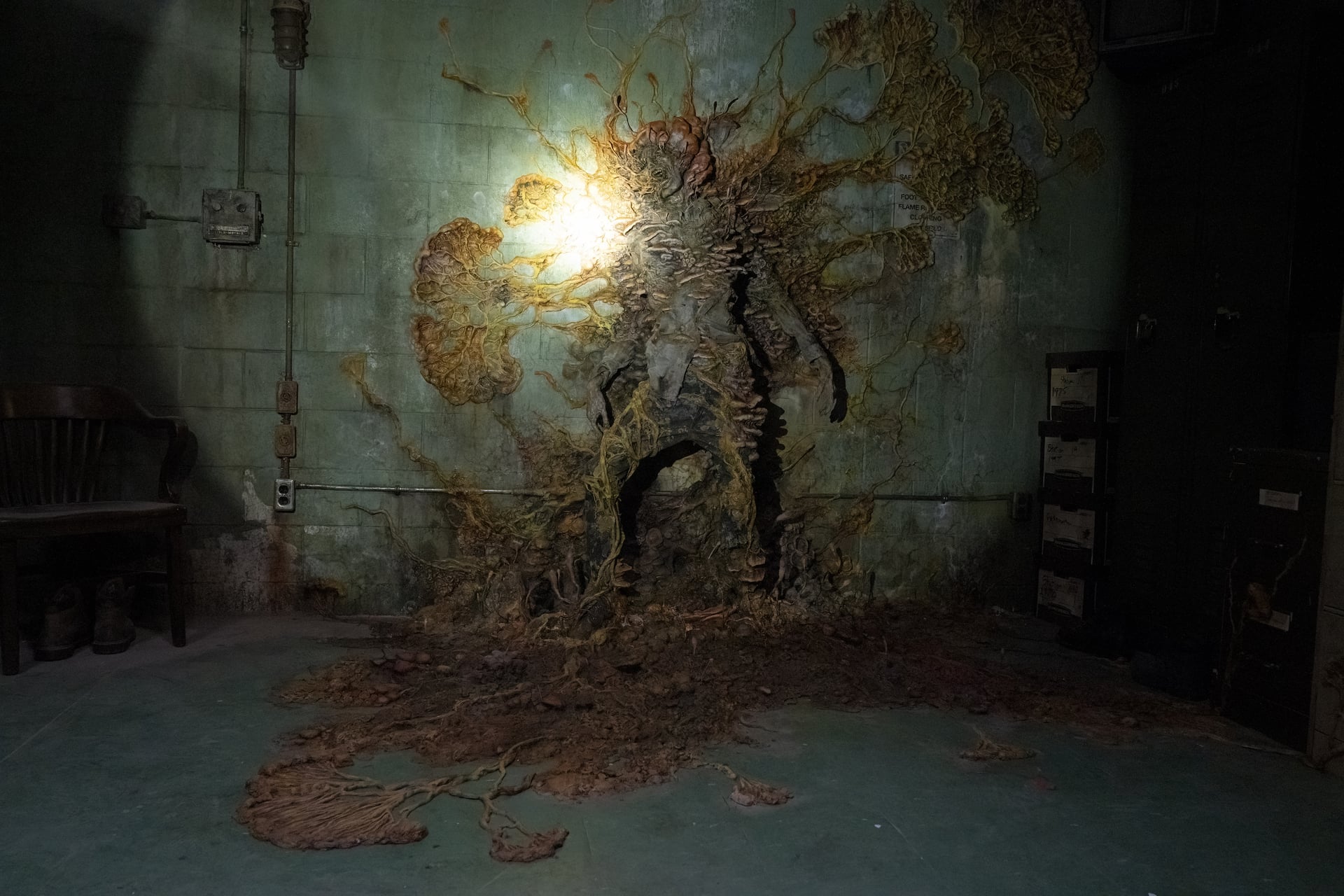 在《最后的我们》第一集里，一个被感染的人粘在墙上，长着真菌的卷须