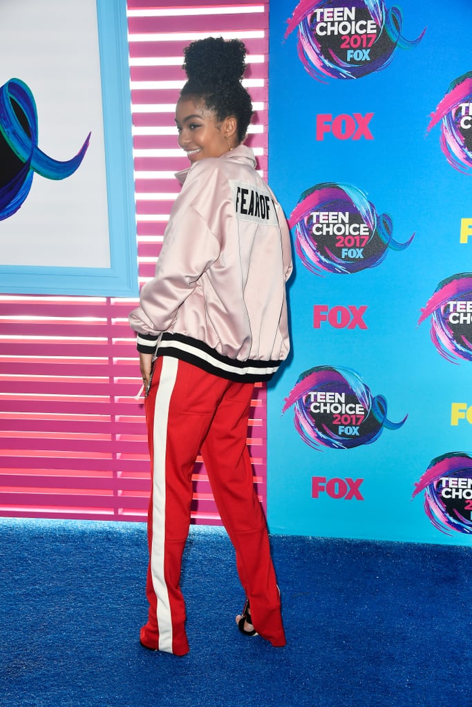 Yara wore the satin Manuel Fear of God Baseball Coaches Jacket ($1,395) in millennial pink.