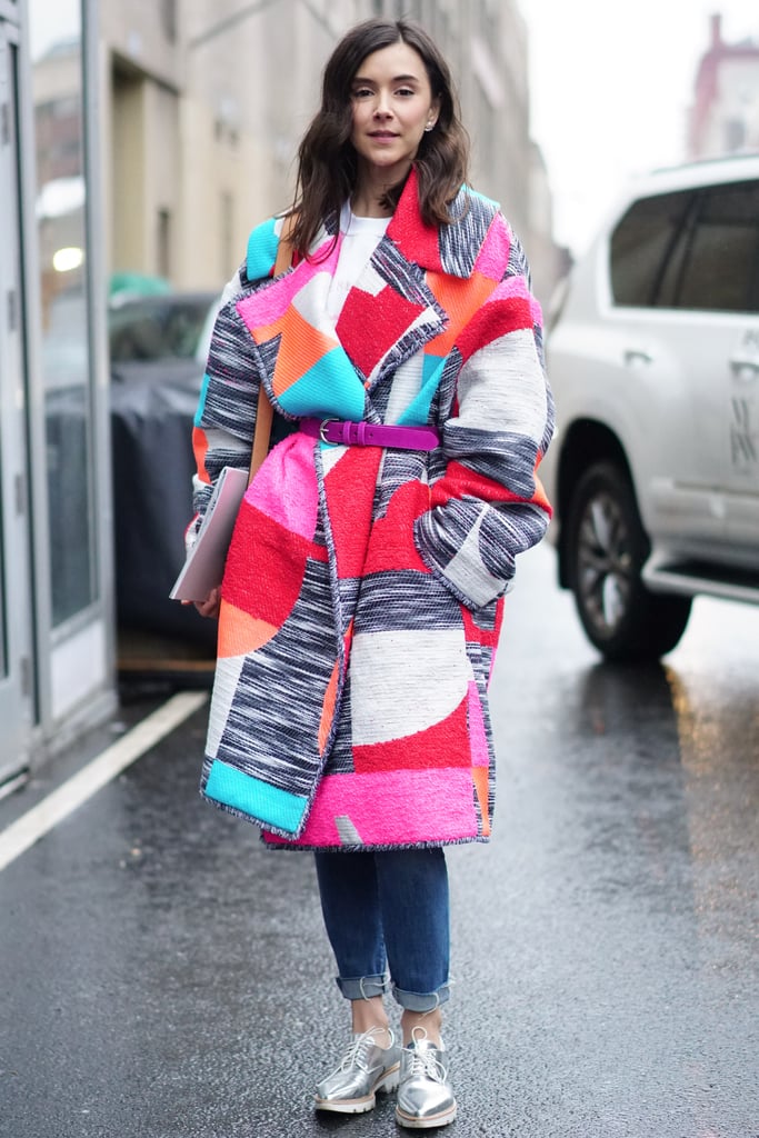 Cinch a colorful cocoon smock with a structured style.