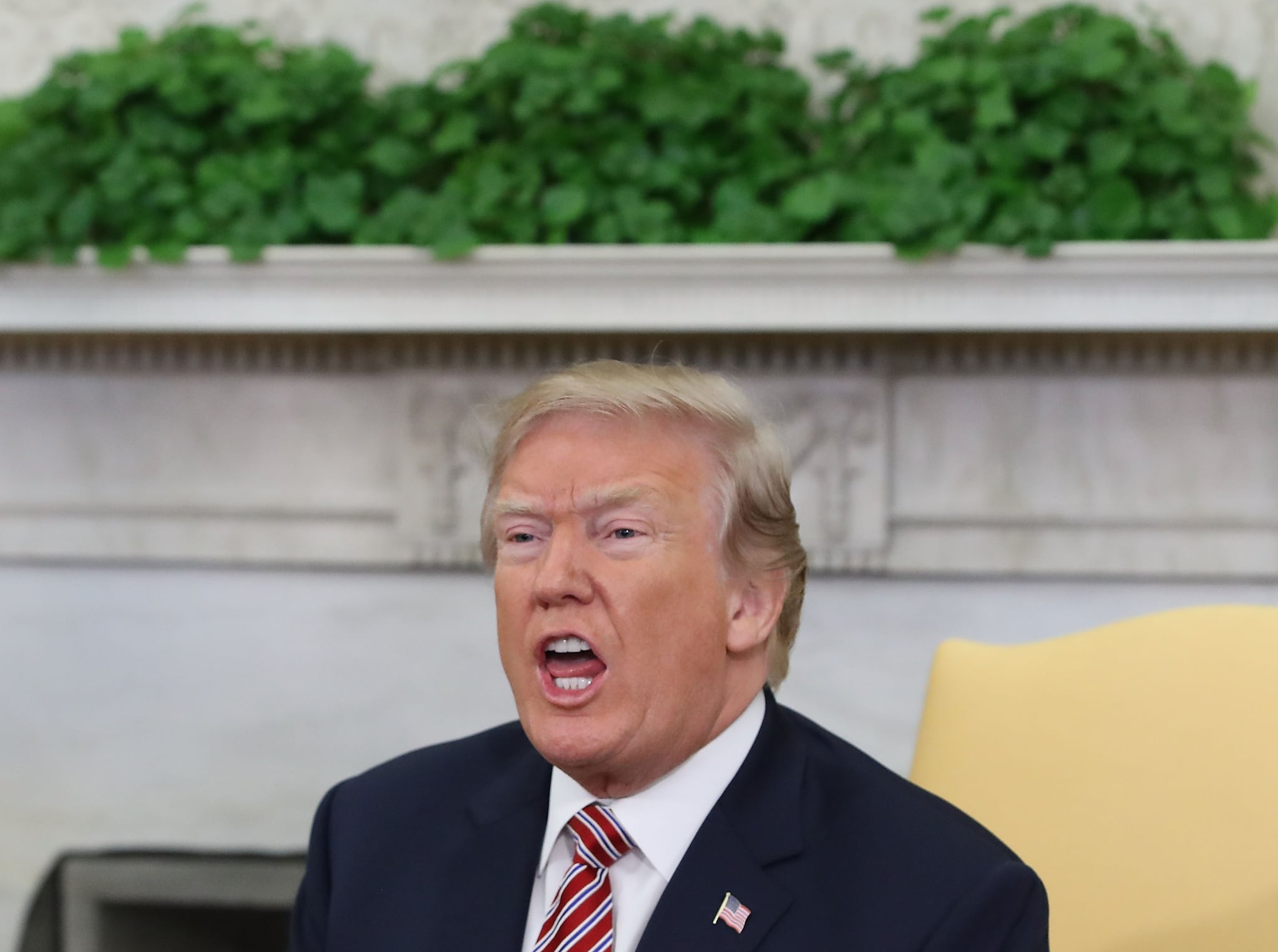WASHINGTON, DC - APRIL 10:  U.S. President Donald Trump speaks during a meeting with the Emir of Qatar Sheikh Tamim bin Hamad Al Thani, in the Oval Office at the White House, on April 10, 2018 in Washington, DC. President Trump has announced that he canceled his upcoming trip to the 8th annual Summit of the Americas in Lima, Peru.  (Photo by Mark Wilson/Getty Images)