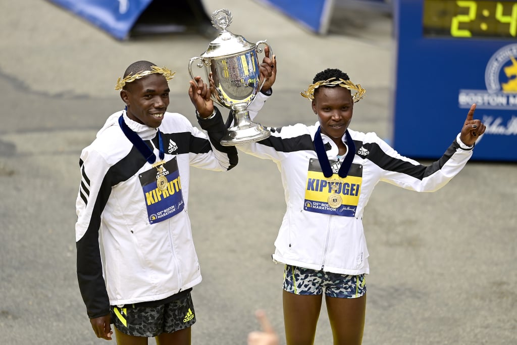 Diana Kipyogei and Benson Kipruto Celebrate Winning the 2021 Boston Marathon
