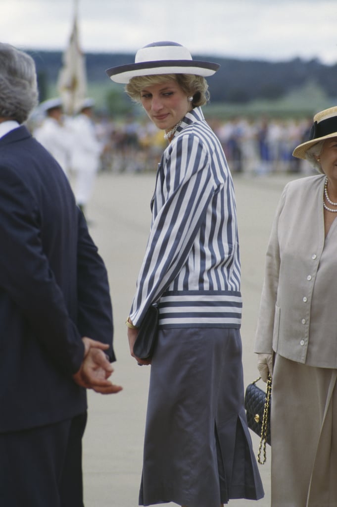 Princess Diana Wearing a Navy Striped Hat in England, 1985