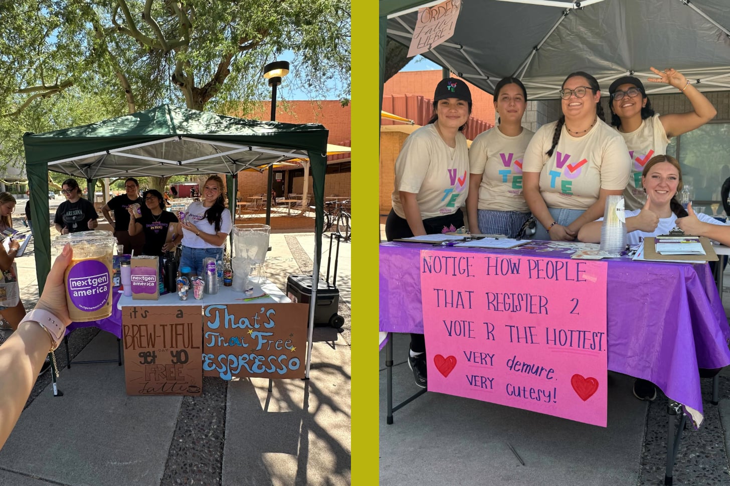 Two photos side by side show Gen Z activists at get out the vote events, one offering free espresso and the other using Chappell Roan to entice people to vote.