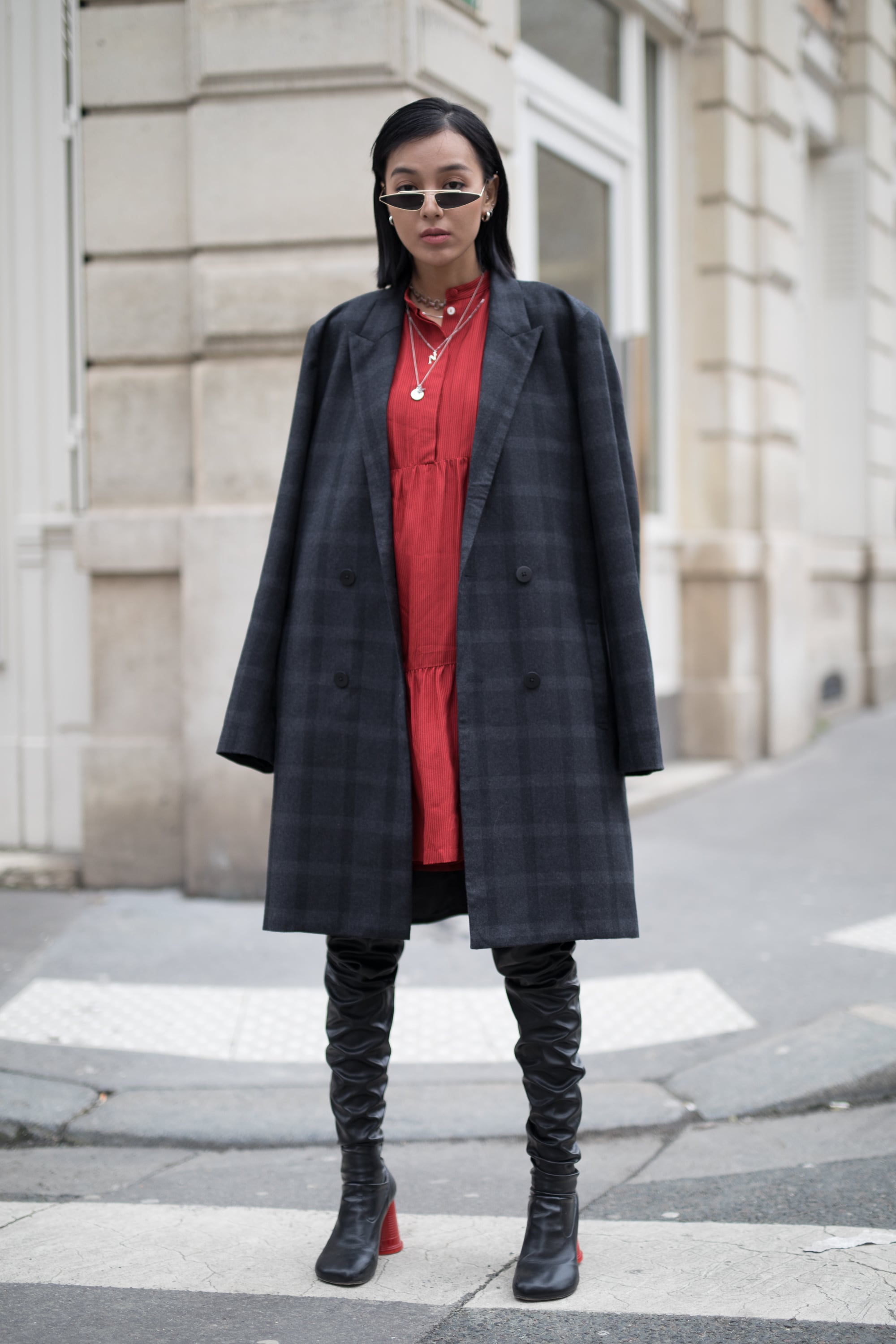 Style Slouchy Thigh-Highs With a Red Dress and Plaid Coat | How to Style  Your Boots This Winter — 30 Easy Outfit Ideas | POPSUGAR Fashion Photo 11