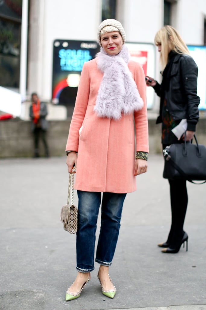 Elisa Nalin showed off bright color in just the right doses and shades of pastels on her furry scarf, sorbet-hued coat, and pointed-toe heels.