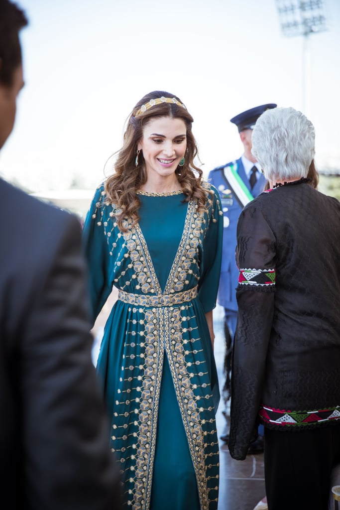 Queen Rania Teal Dress at Great Arab Revolt Celebration 2016
