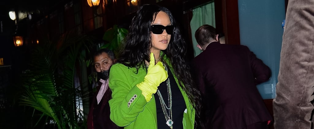 Rihanna Wears a Green Statement Coat With Yellow Gloves