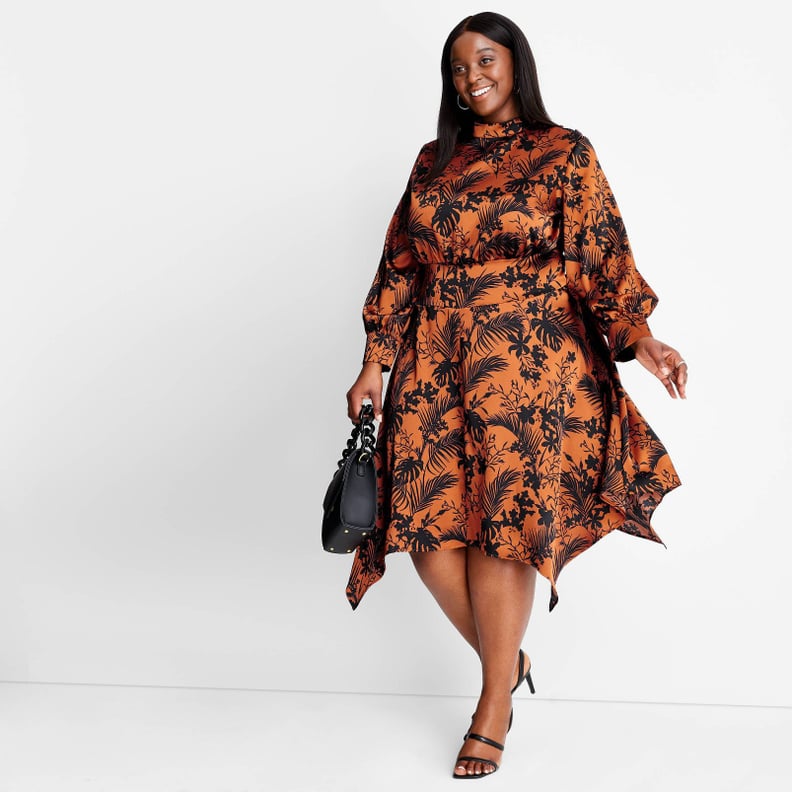 Bold Prints: Future Collective With Kahlana Barfield Brown Mock Neck Asymmetrical A-Line Dress
