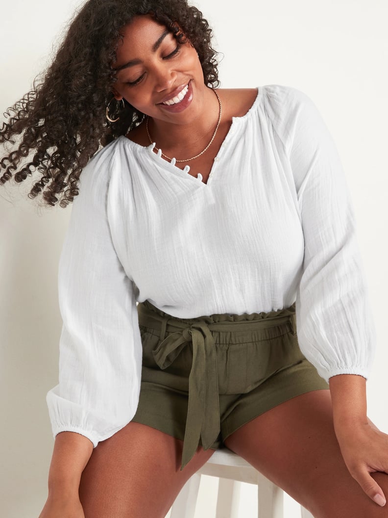 A White Blouse: Old Navy Shirred Double-Weave Long-Sleeve Blouse