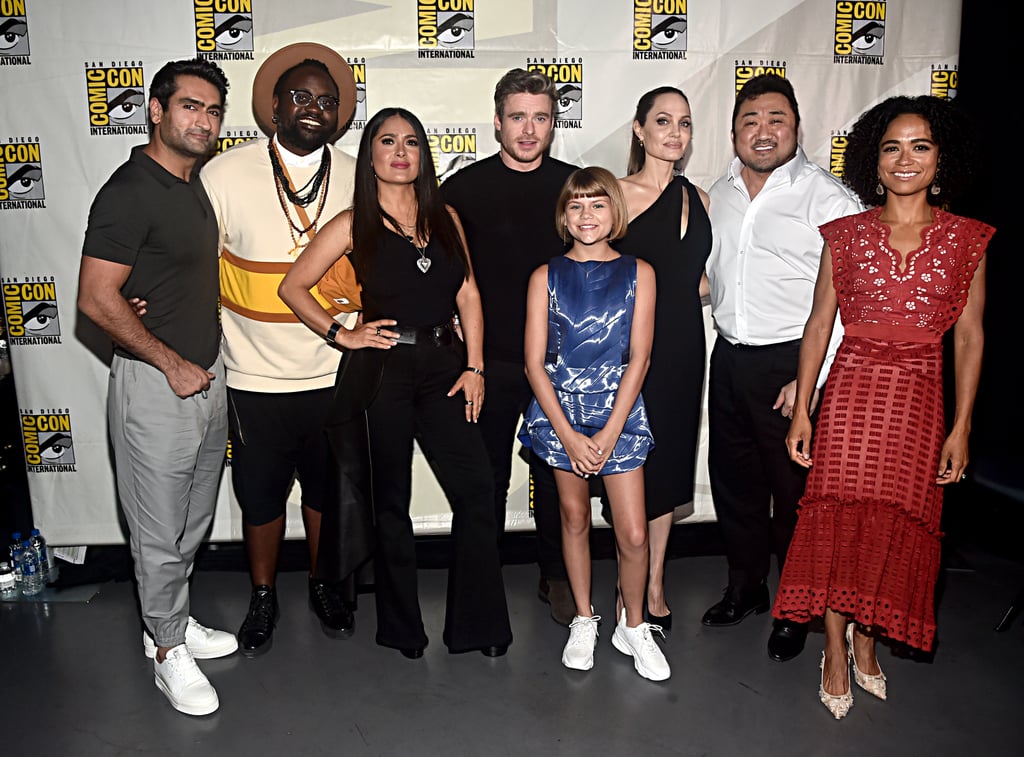 Pictured: Kumail Nanjiani, Brian Tyree Henry, Salma Hayek, Richard Madden, Lia McHugh, Angelina Jolie, Don Lee, and Lauren Ridloff at San Diego Comic-Con.