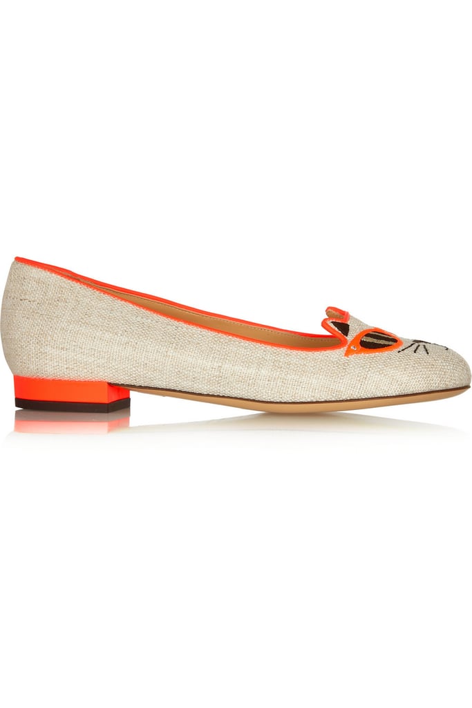 Charlotte Olympia Sunkissed Kitty Canvas Flat in Orange ($695)