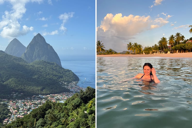 A photo collage of the Pitons mountains in St. Lucia and a young woman swimming in the blue-green sea at StolenTime resort. I went on a zodiac-based retreat in St. Lucia and didn't know how to feel about it.