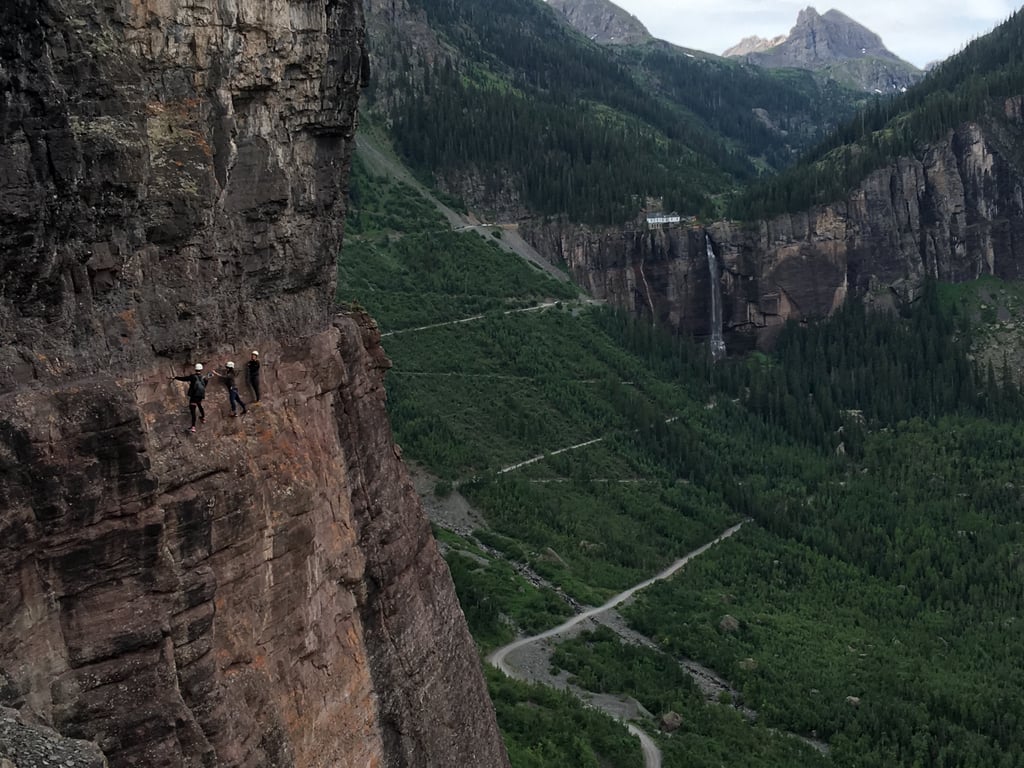 The most frightening but most beautiful sections of Telluride's Via Ferrata were an overhang and the section of complete exposure on the pretty much 180-degree vertical mountain wall with an about-300-feet drop-off below.