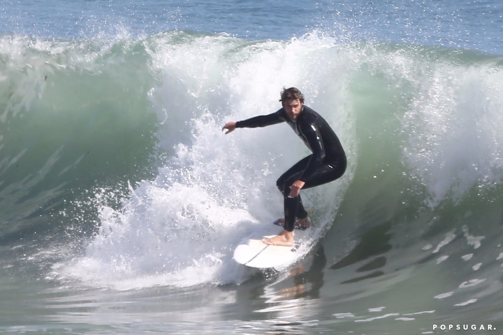 Liam Hemsworth Surfing Shirtless in Malibu June 2018