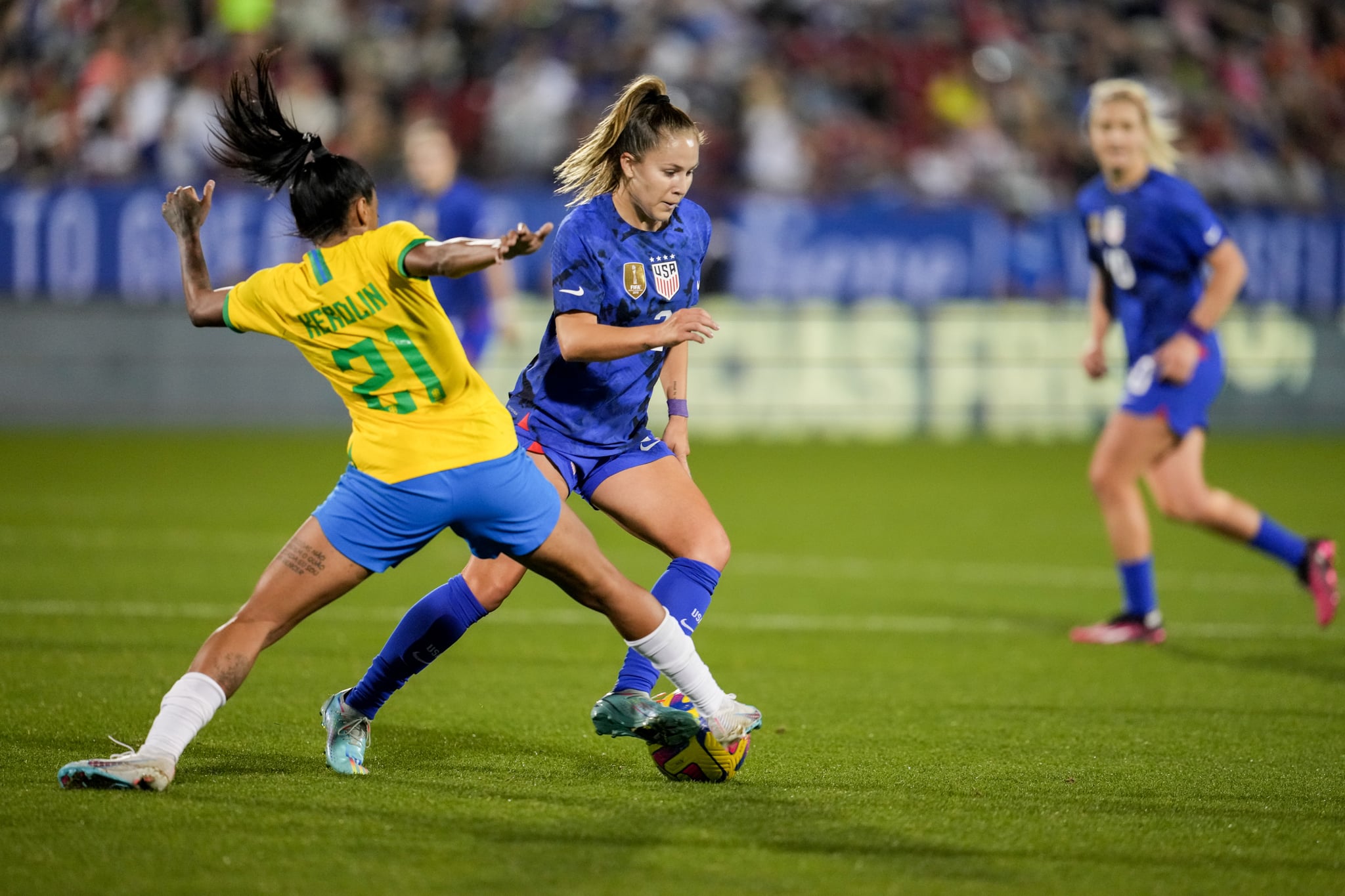 FRISCO, TX - FEBRUARY 22: Ashley Sanchez #2 of the USA races towards the goal during the SheBelieves Cup game between Brazil and USWNT at Toyota Stadium on February 22, 2023 in Frisco, Texas. (Photo by Brad Smith/ISI Photos/Getty Images)
